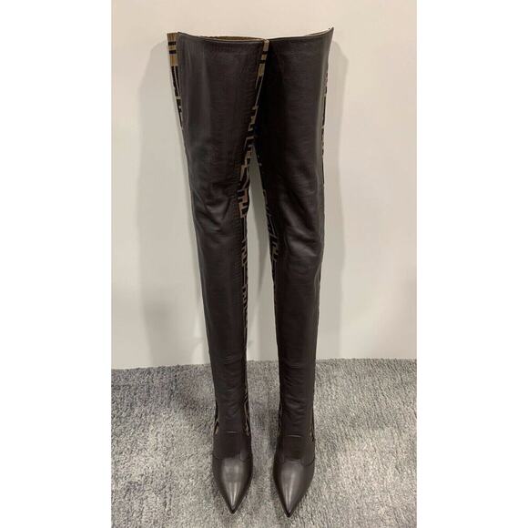Fendi Rockoko Brown FF Logo Stretch Knit Sock Thigh High OTK Heel Pump Boot 35 - Picture 7 of 12